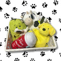 Set of plush toys including a cow, dog, and giraffe in a box on a white background with black paw prints.