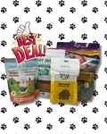 Assorted dog food packages on a white background with black paw prints