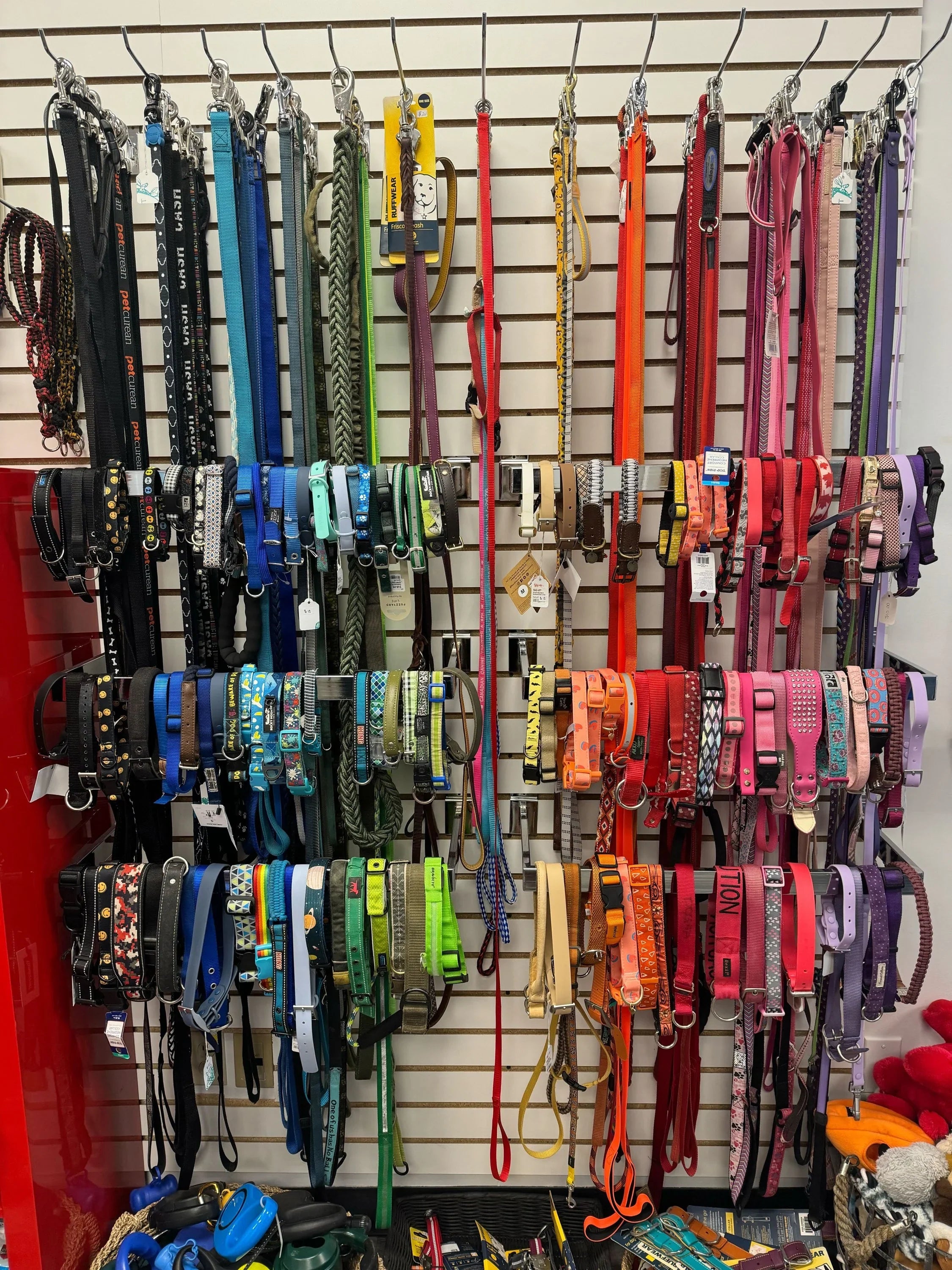 Colorful dog collars and leashes hanging on a display rack.