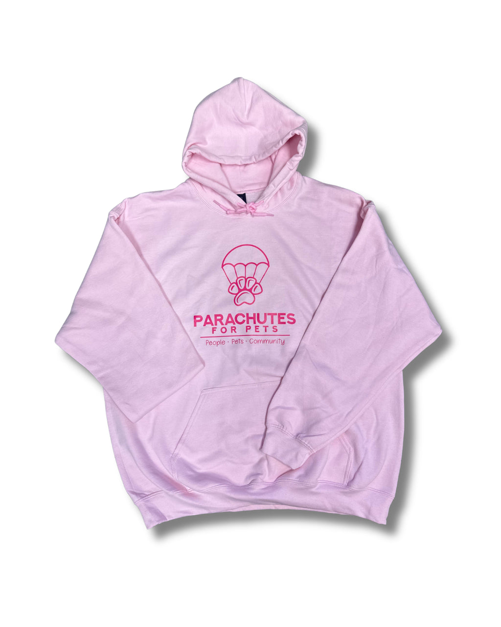 Pink hoodie with 'Parachutes for Pets' logo on a white background