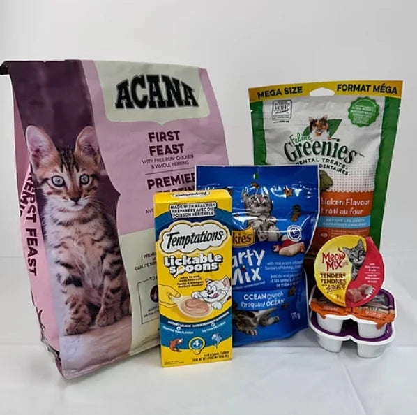 Assorted cat food products including Acana, Greenies, and Temptations on a white background