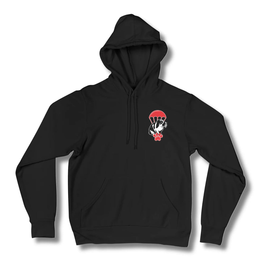 Black hoodie with a small graphic on the chest against a white background