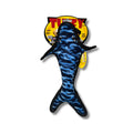 Blue and black striped dog toy with a Tuffy logo on a white background