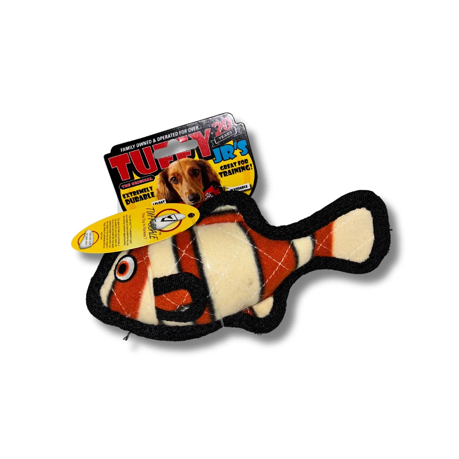Fish-shaped dog toy with packaging on a white background