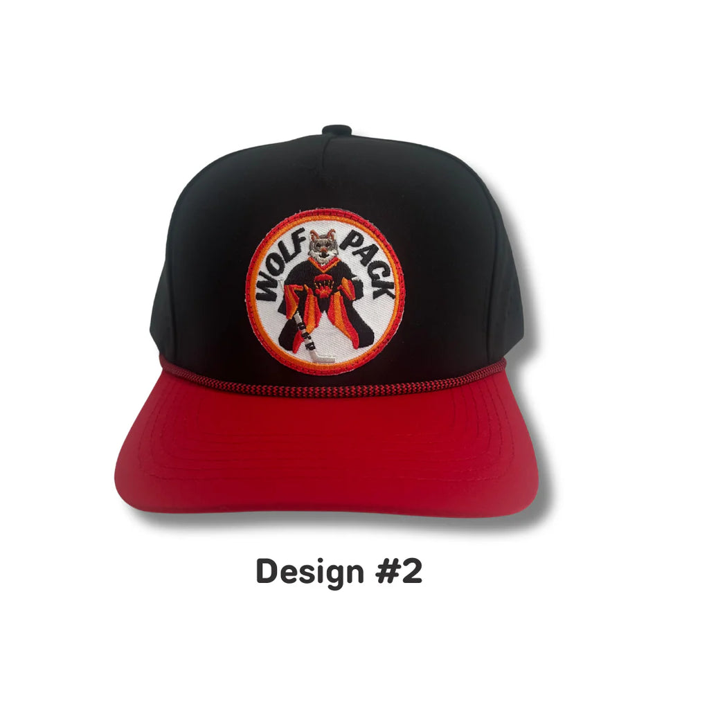 Black and red cap with a wolf pack logo on a white background