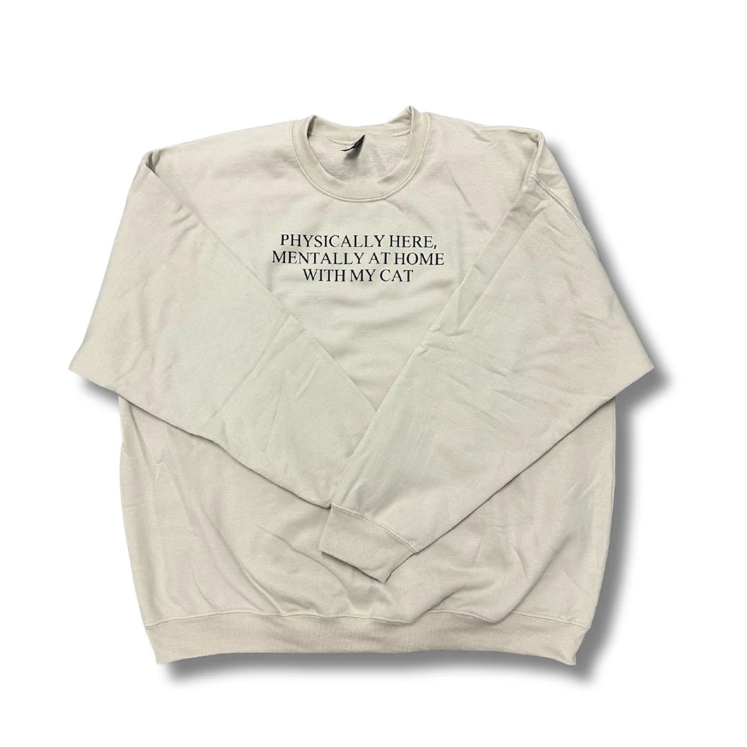 Beige sweatshirt with text on a white background