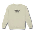 Beige sweatshirt with text 'tell your cat I said hi' on a white background