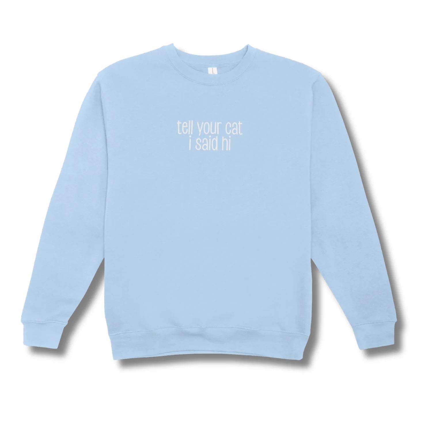 Light blue sweatshirt with text on a white background